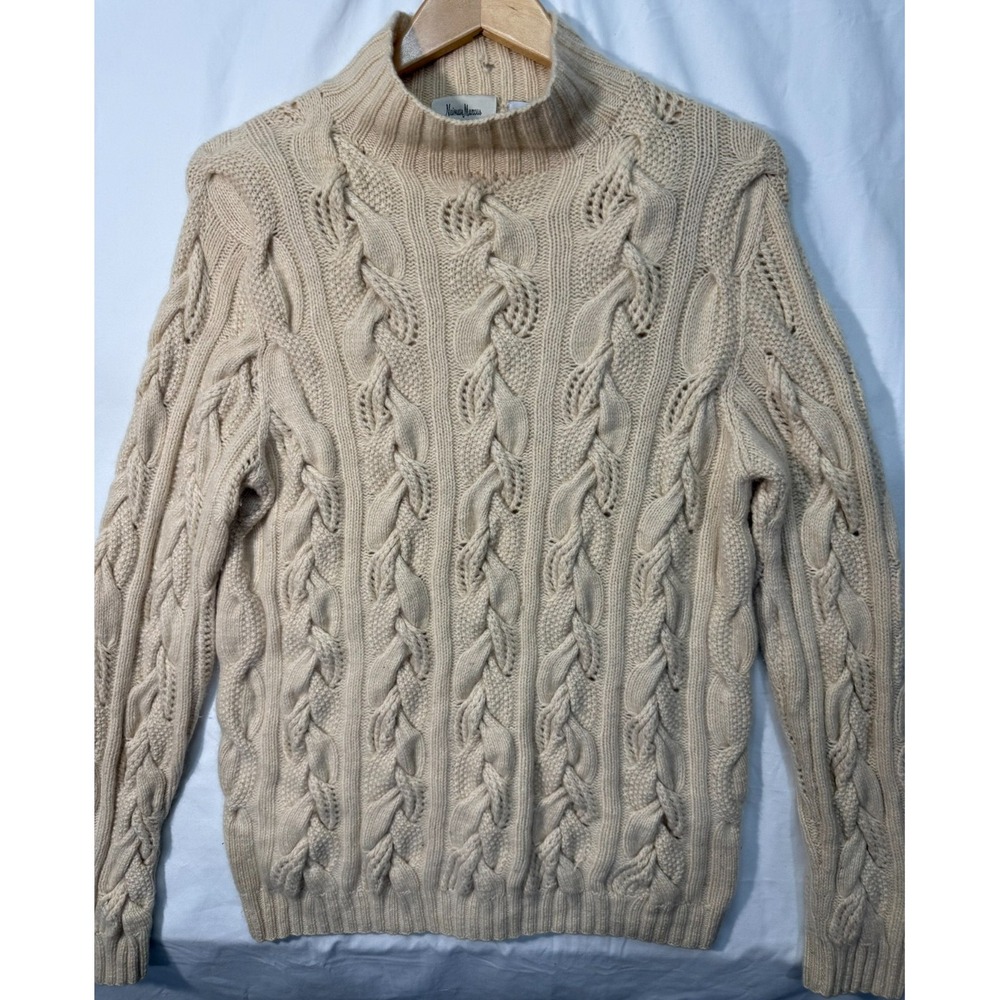 Neiman Marcus 100% Cashmere Sweater Women L Cable Knit Turtleneck Cream